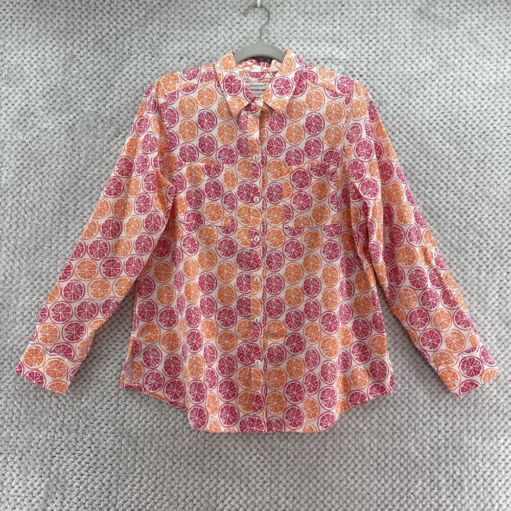 Foxcroft Wrinkle Free Linen Button Front Shirt Women 6 Relaxed Orange Pink Lemon